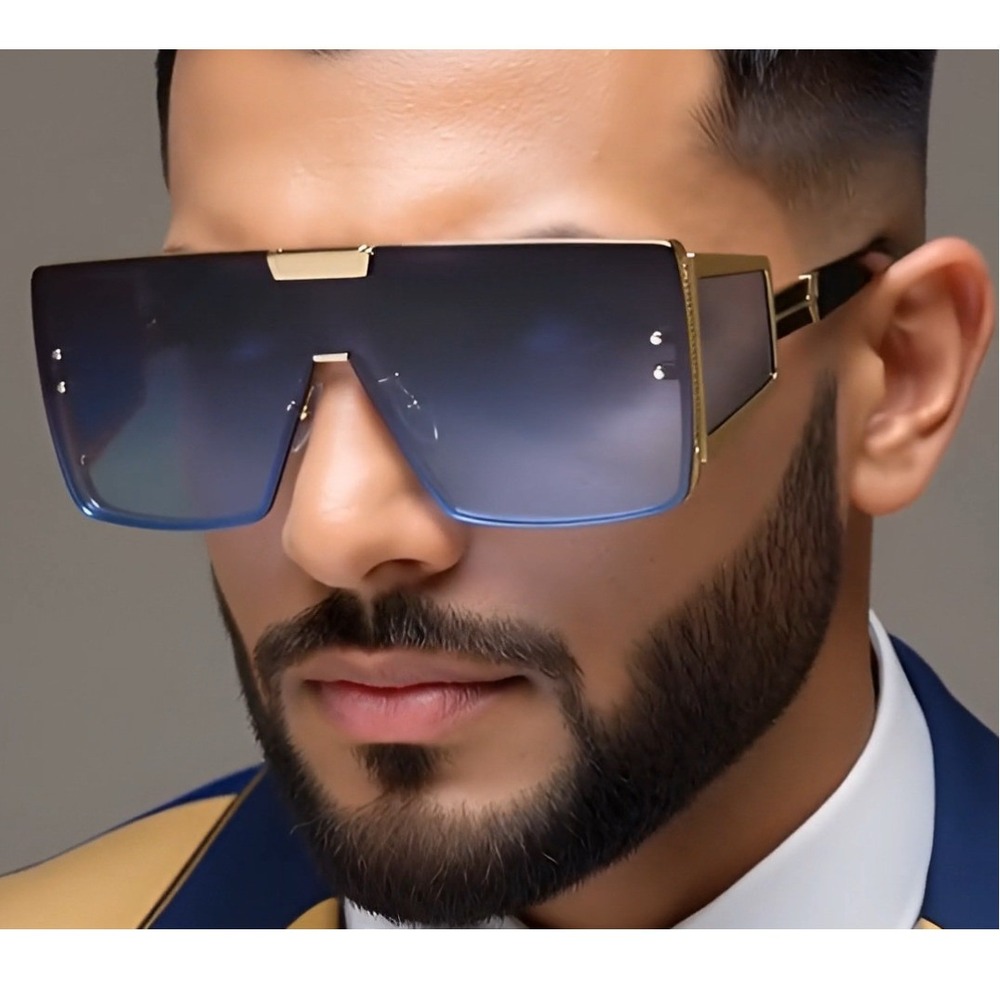 Shield Sunglasses Oversized Square Flat Top Fashion Shades Blue Lens‎ Luxury Men